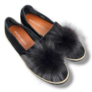 Sondra Roberts Romy Slip on Shoes Black Suede Furry Pom Pom Flats Sneakers Sz 9